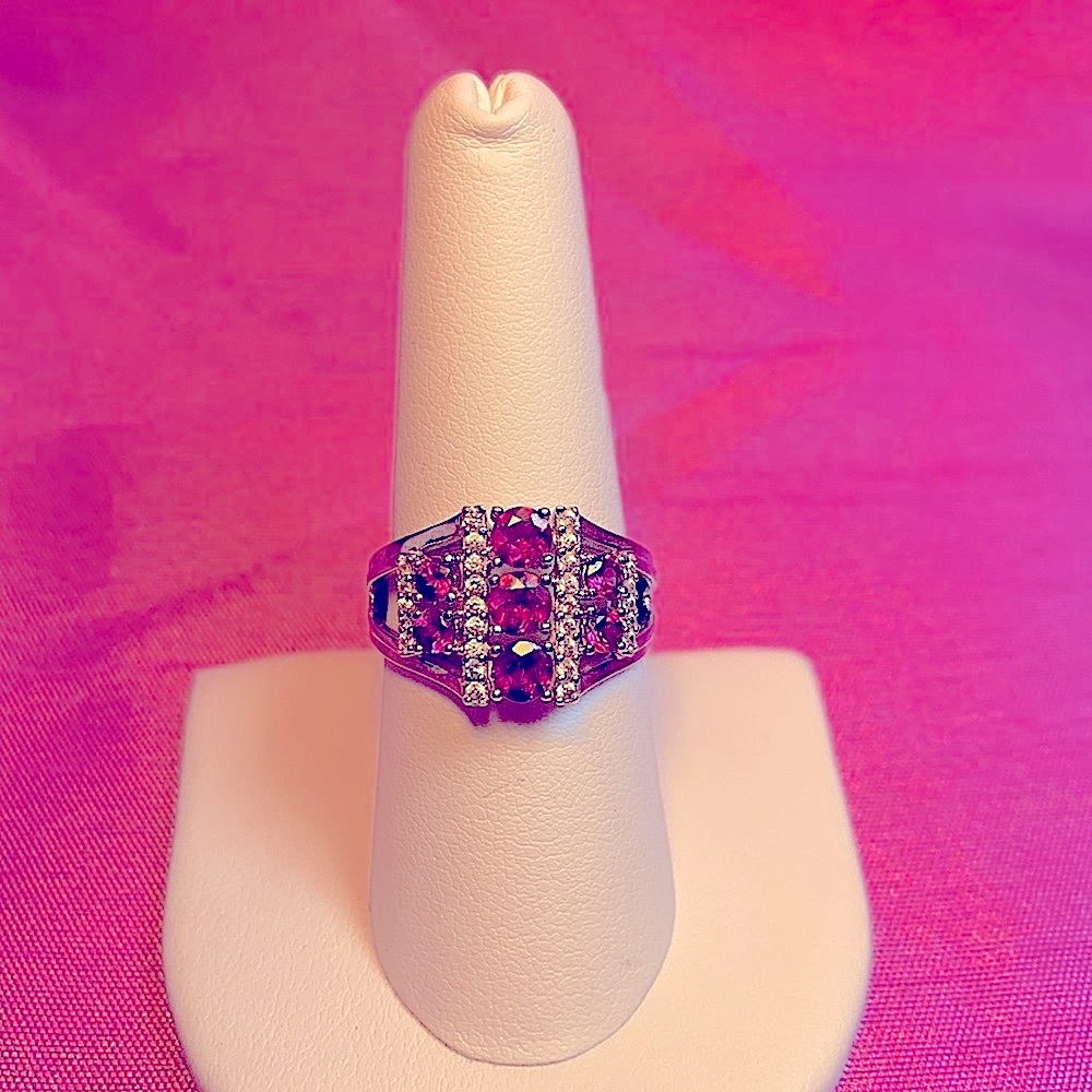 Raspberry Color Rhodolite & White Zircon Ring - image 5